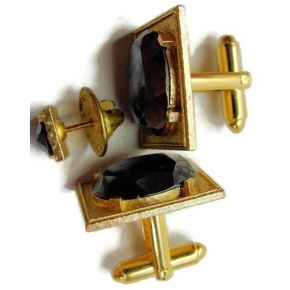 Black Faceted Cuff Link Set Dante Gold Tone Cufflinks & Tie Tack Tux Shirt Vtg - Picture 8 of 11